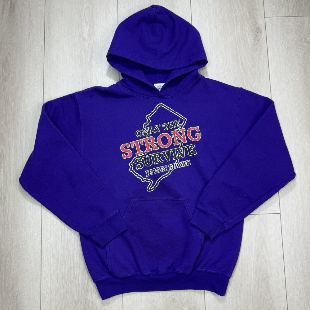 Y2K Gildan Heavy Blend Mens S Jersey Shore Hoodie Only The Strong Survive Purple